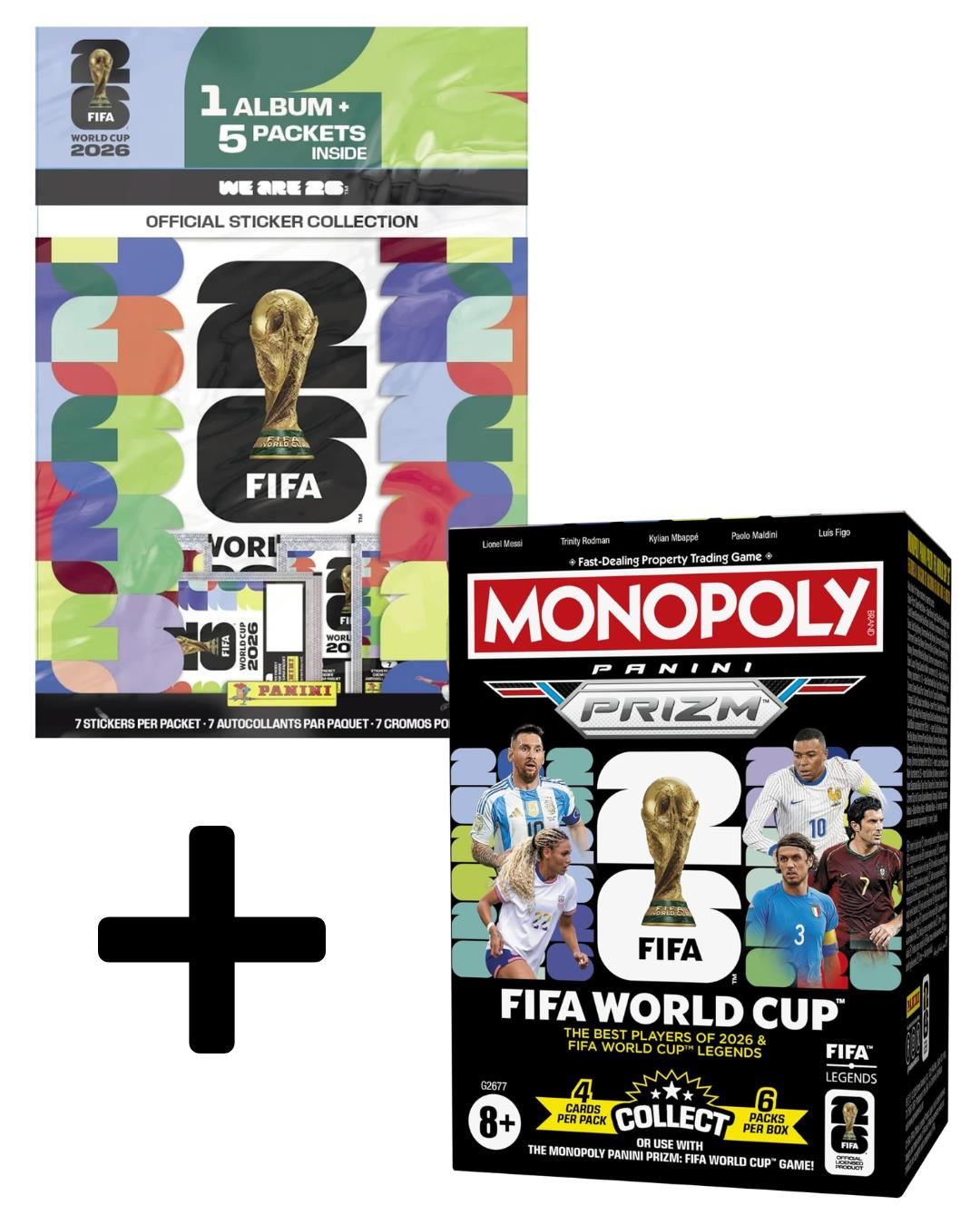 Mundial FIFA 2026 Combo Álbum Mundial Panini + Monopoly Panini Prizm Caja de refuerzo de cartas coleccionables de la Copa Mundial de la FIFA